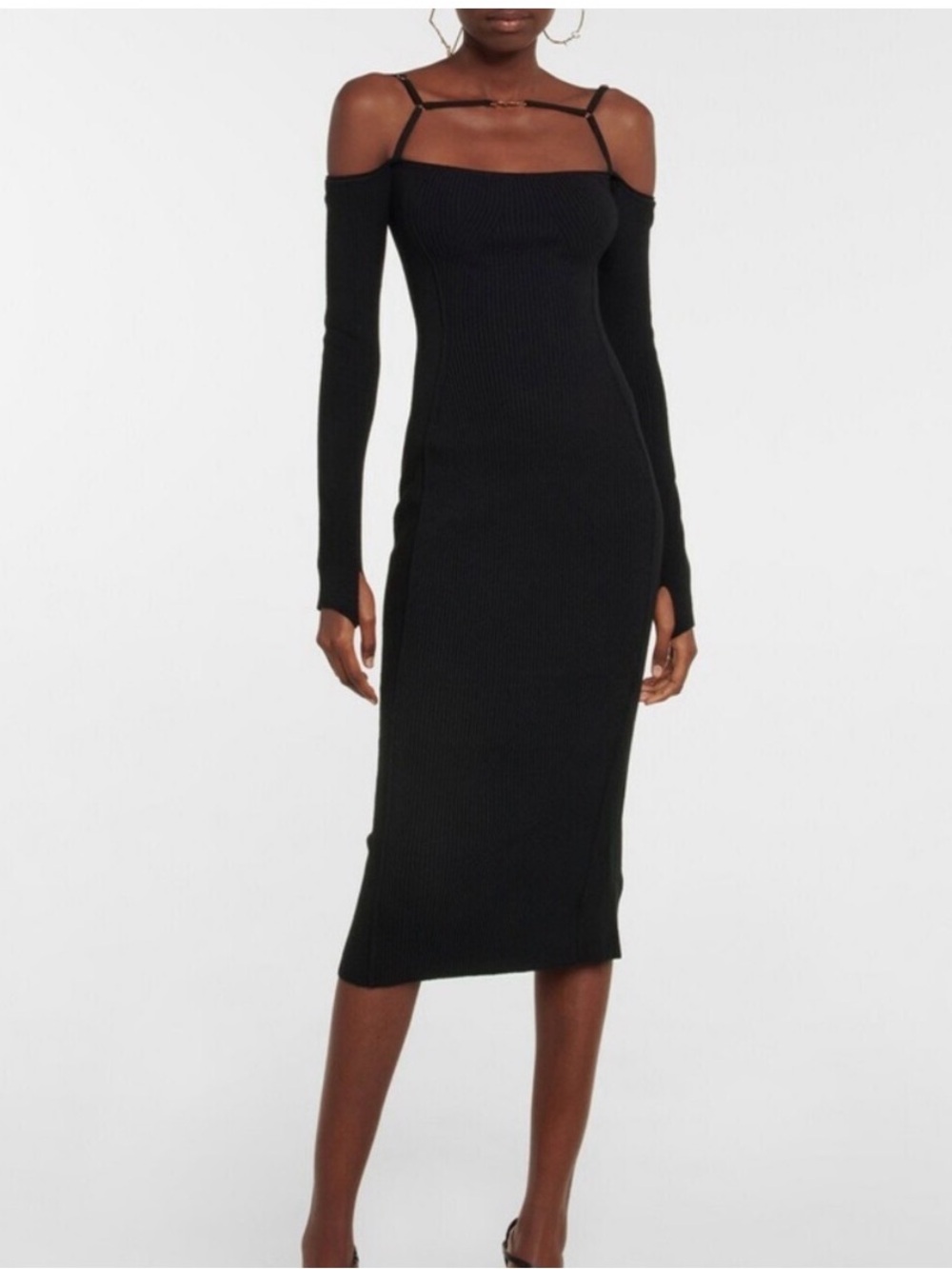 Jacquemus Black Off-Shoulder Ribbed Midi Dress